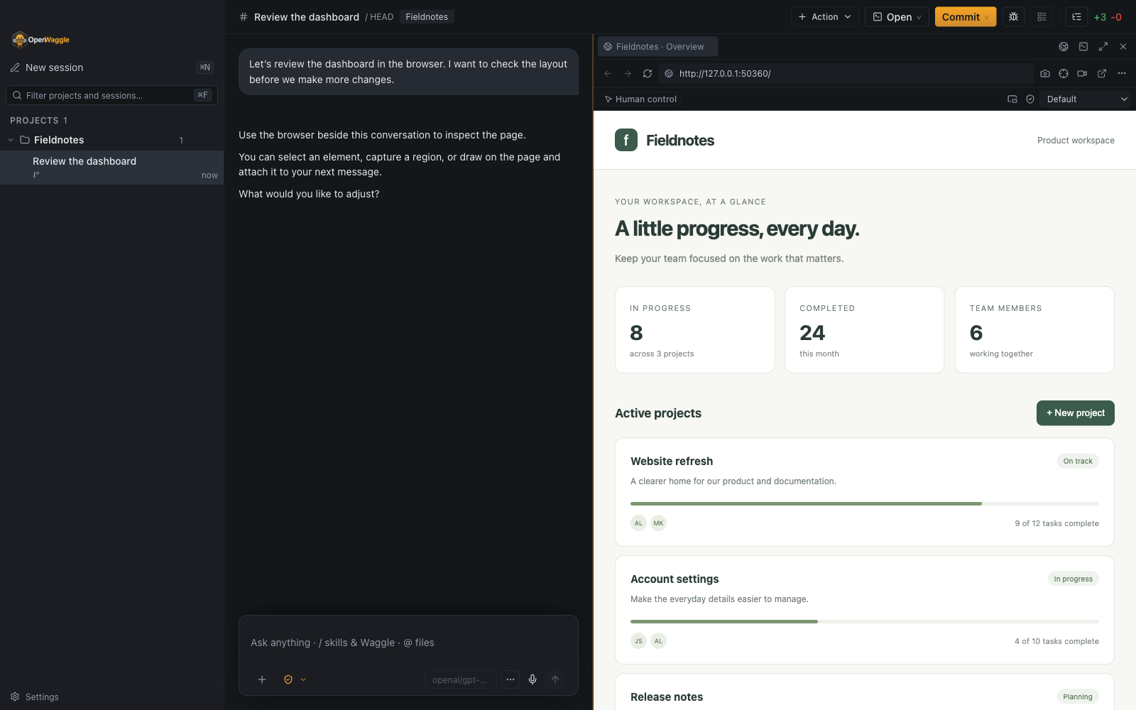OpenWaggle with its built-in browser preview open