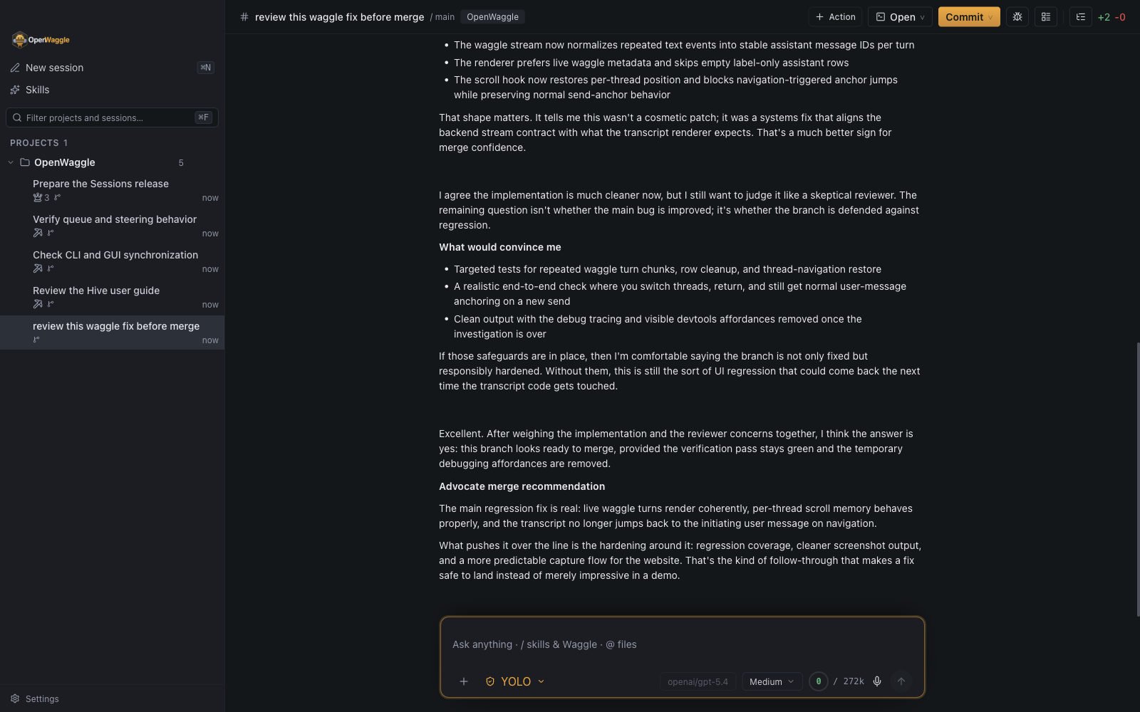 OpenWaggle conversation with agent responses and tool activity