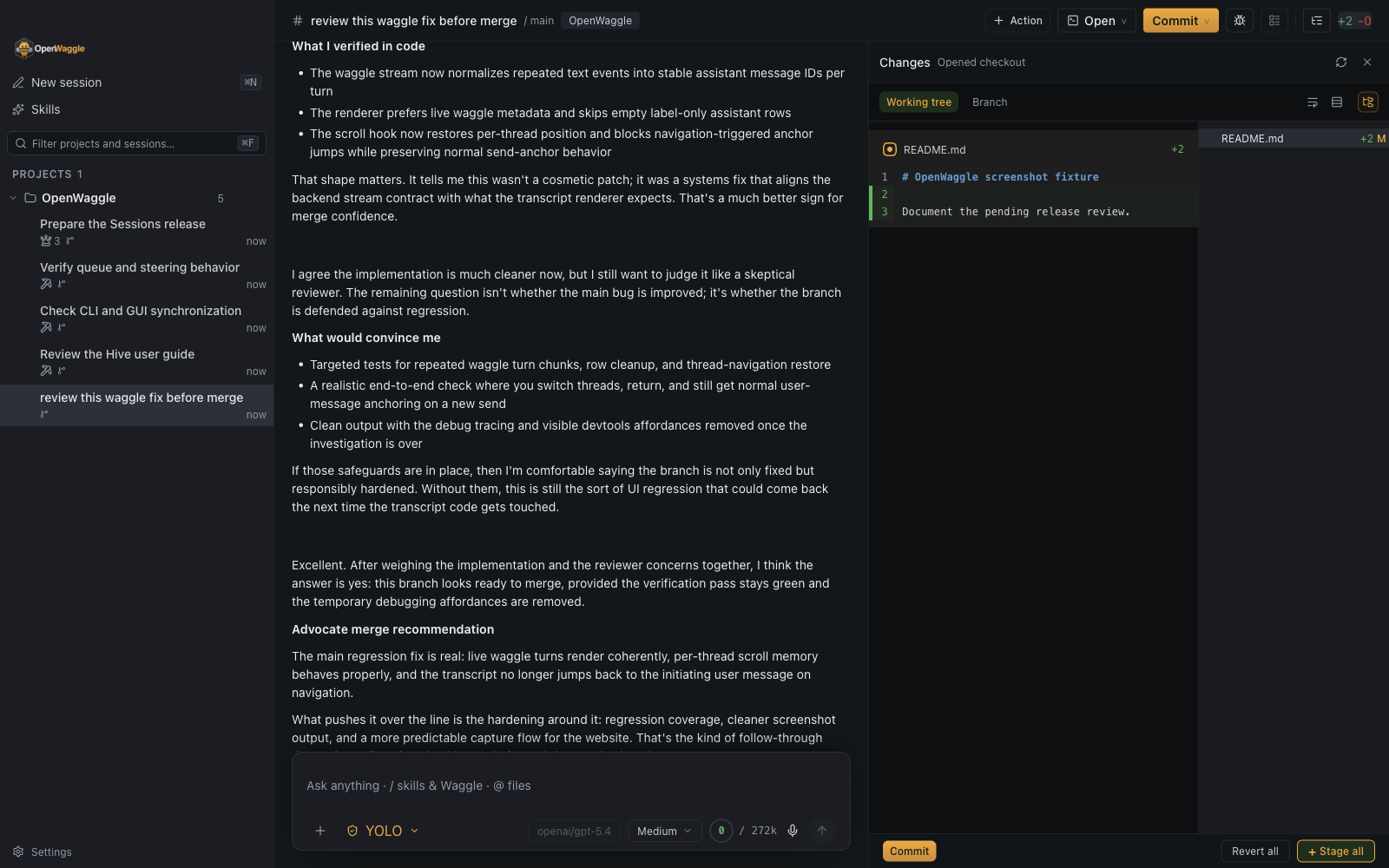 OpenWaggle Git workflow and code diff panel