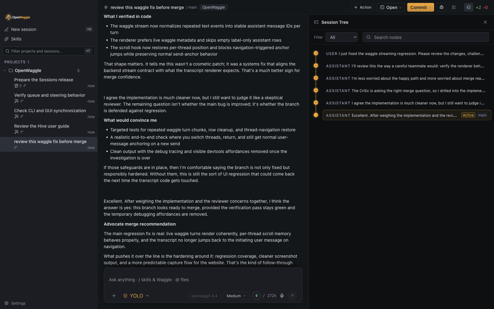 A Waggle conversation where two agents review a fix in turns, with the Session tree open